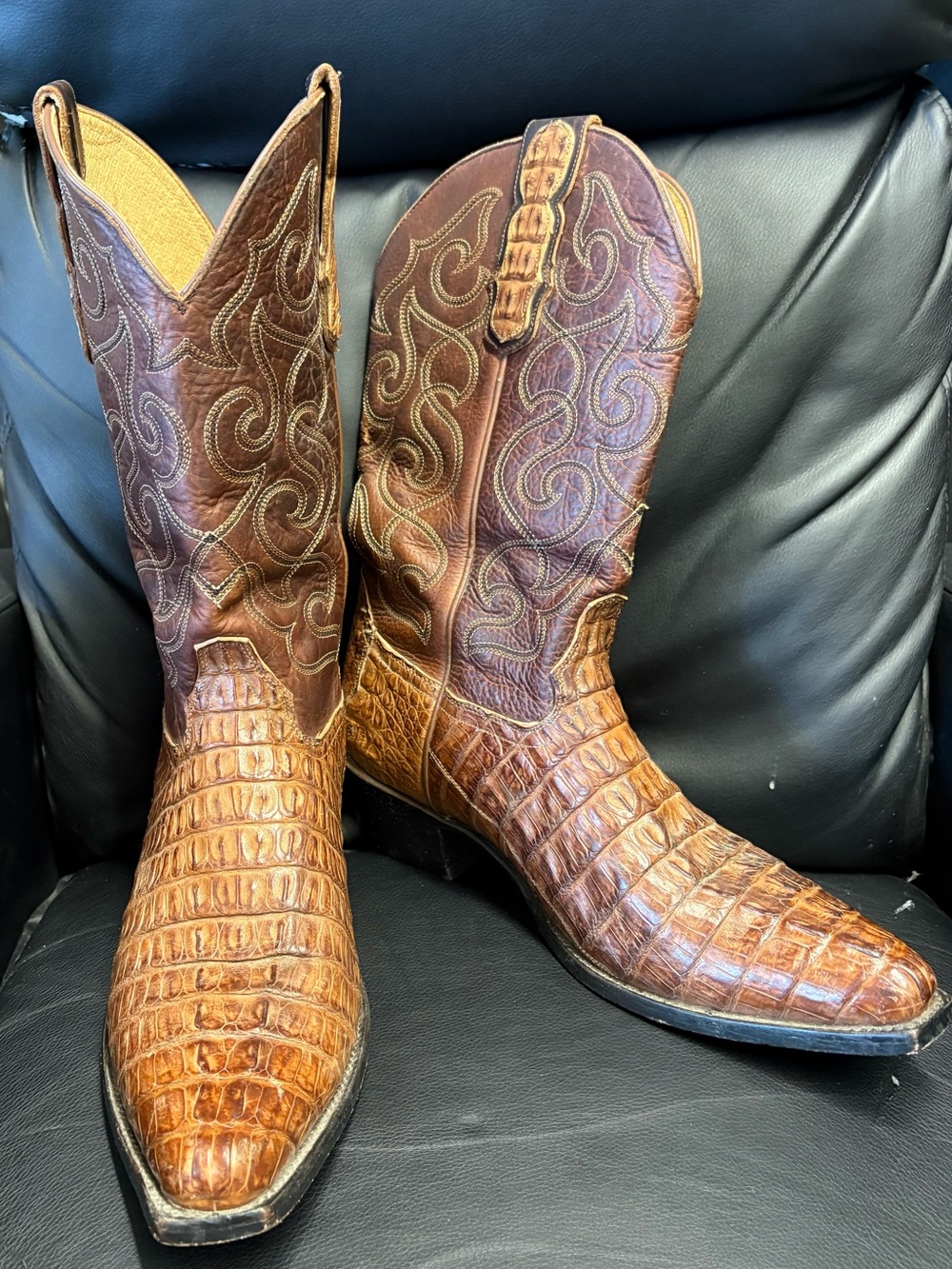 Mens Genuine Caiman Boots with Embroidered Shaft size 12